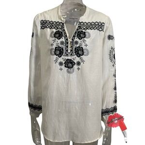 Johnny Was Embroidered Tunic Top Women Large Black Cream Floral Embroidery Boho‎